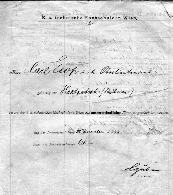Vysvědčení z Vysoké školy technické, 22. 11. 1894 Vysvědčení z Vysoké školy technické, 22. 11. 1894